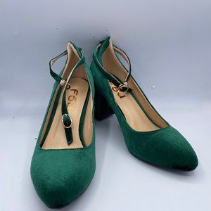 FSJ Green Suede Ankle Strap Heels Vintage Round